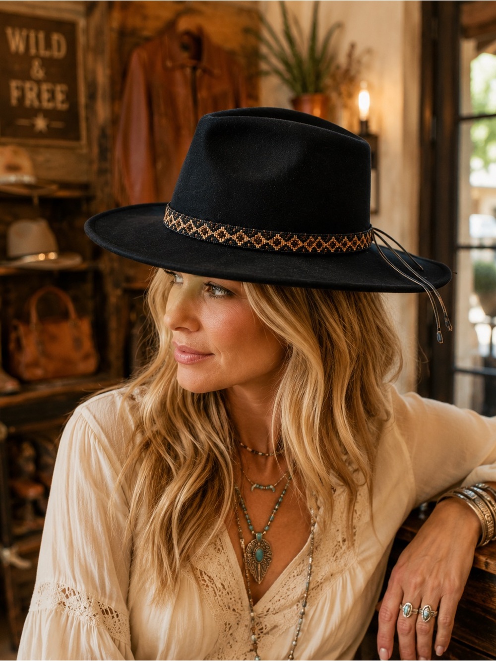 Nikki Beach Electra Black Wool Western Hat UPF 50+ Adjustable NWT
